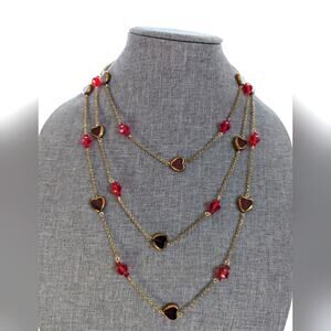 Pier 1 Imports Triple Strand Gold Tone Chain Glass Beaded Heart Layered Necklace